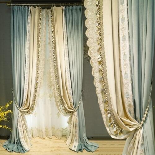 Luxurious French New haze blue living room curtain velvet embroidery Beige splicing simple bedroom shading Villa curtain living