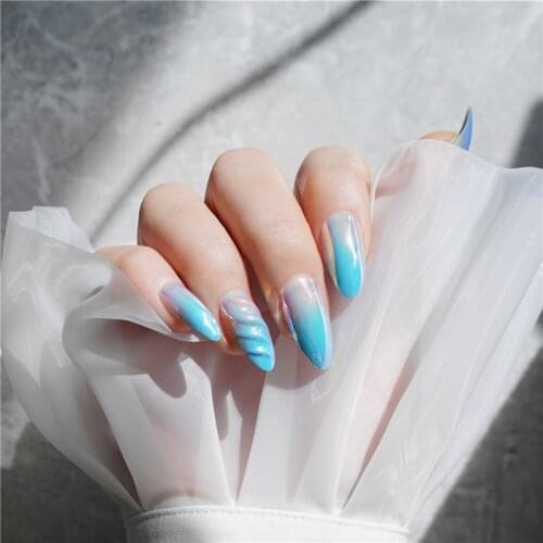 Mermaid of pink and blue Ins 3d aurora fake nails Japanese middle-long lady full nail tips cute french false nails 24pcs