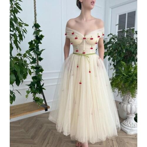 Off the Shoulder Fairy Prom Dresess Cherry Beaded Women Party Gowns with Pocket A Line Customize Robe De Soirée De Mariage