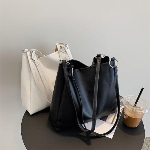 Vintage PU Leather Shoulder Shopping Bag Fashion Female Women Solid Color Durable Handbag Casual Ladies Large Capacity Tote 2022