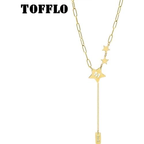 TOFFLO Stainless Steel Jewelry Star Five Pointed Star M-Shaped Tassel Luck Square Necklace Fashion Chain For Female BSP741