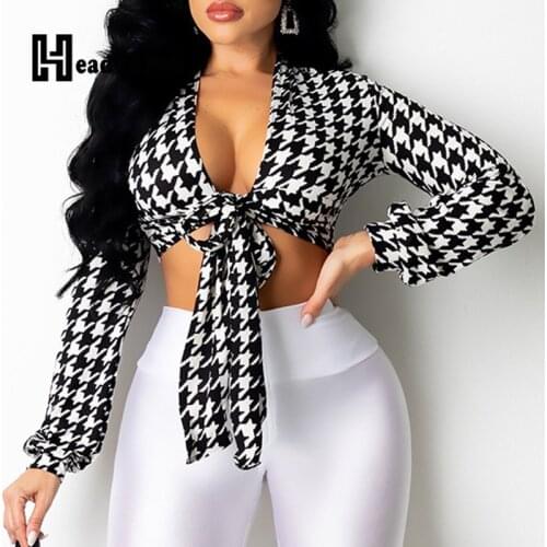 Houndstooth Print Deep V Neck Lace Up Cropped Blouse Tops Women Long Sleeve Casual Blouses