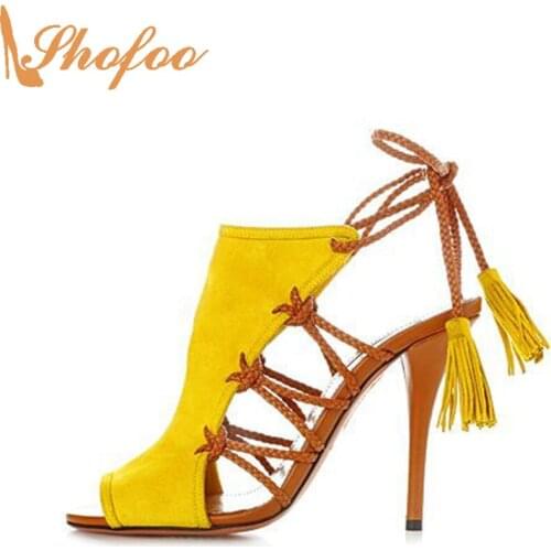 Yellow Flock Boots Stilettos Woman High Thin Heels Peep Toe Ankle Strap Booties Shoes Large Size 13 15 Ladies Fashion Shofoo