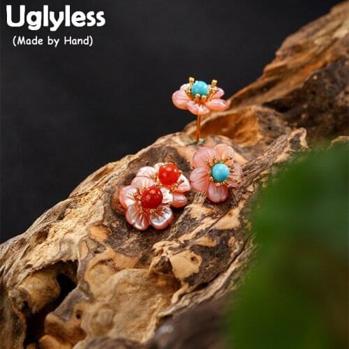 Uglyless Real S925 Sterling Silver Natural Pink Shell Flower Stud Earrings Turquoise Beads Brincos Bijoux for Women Fine Jewelry