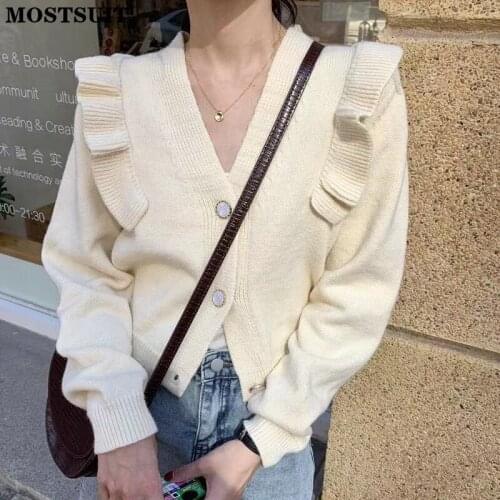Vintage Ruffles Patchwork Knitted Cardigan Sweater Women Full Sleeve V-neck Crop Tops Korean Fashion Solid Female Jumpers 2021