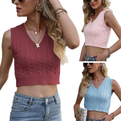 Women College Preppy Style V-Neck Sweater Vest Solid Color Cable Knitted Pattern Slim Sleeveless Cropped Jumper Tank Top