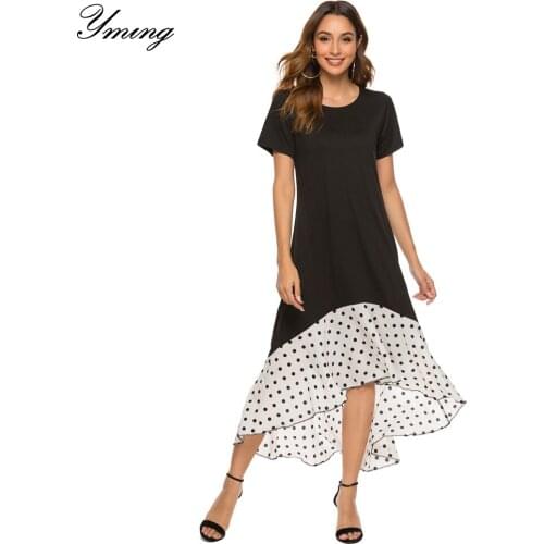 YMING Womens Summer Patchwork Dot Dress Round Neck Casual Dress Work Out Party Womens Spotted Dress Irregular Dress