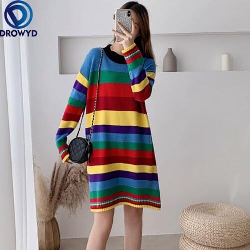 2021 Fall/winter Mid-length Loose Straight Striped Sweater Dress Knitted Rainbow Dress Women All-match Stretch Pullover Dress