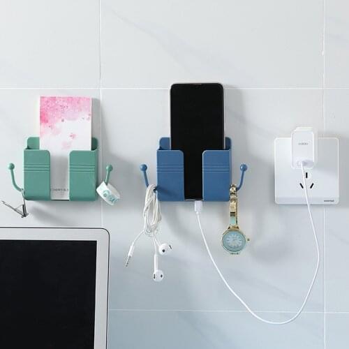 1PC Wall Mounted Organizer Storage Box Mobile Phone Charging Holder Stand Wall Hanging Bracket Remote Control Shelf Clips Rack