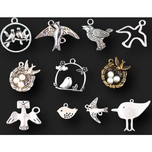 11pcs Mixed Bird Collection Metal Pendants, Swallow Charm, Sparrow Charm, Bird Nest Charm, Carrier Pigeon Charm, Magpie Charm