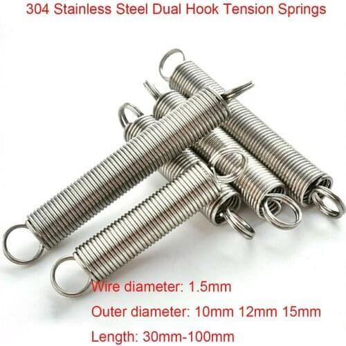 1Pcs 1.5mm Wire Dia 304 Stainless Steel Dual Hook Tension Extension Spring Outer Dia 10/12/15mm Length 30mm - 100mm