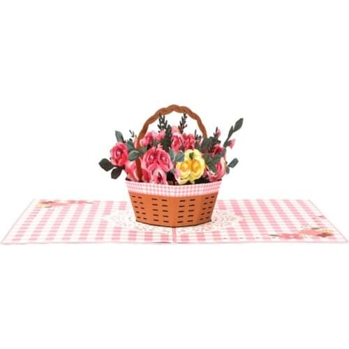 3D Rose Flower Basket Greeting Card with Envelope Funny Carving Blessing Holiday Expresser Paper Card for Teathers