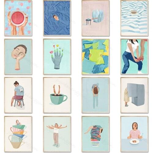 Abstract Figure Cup Thinking Coffee Girl Daily Life Nordic Poster Wall Art Print Canvas Painting Decor Pictures for Living Room