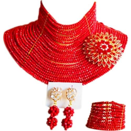 ACZUV Red 25layers Chocker Necklace Nigerian Wedding African Beads Crystal Party Jewelry Sets 25C-005