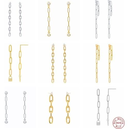 GS 925 Sterling Silver Gold Long Oval Locker Link Chain Dangle Earrings For Women Cubic Zirconia Drop Earring Punk Jewelry