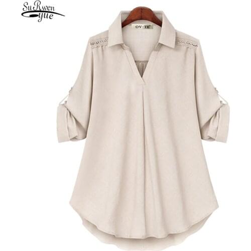 2021 Spring Summer Plus Size Loose Women Blouse and Tops Solid Turn Down Collar Women Clothing New Fashion Casual Shirts 14472