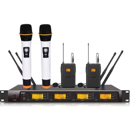 Bolymic Metal Material 4-Channel UHF Wireless Microphone System with 2 BodyPack and 2 Handheldfor Stage Church Family Party