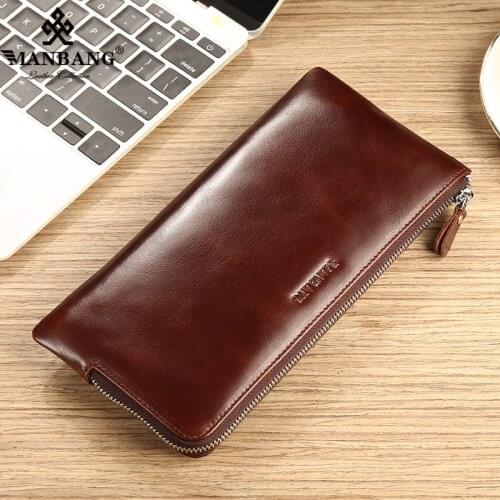 ManBang Brand Mens Long Wallet Original Genuine Leather First Layer Cowhide Zipper Purse Business Mobile Fashion
