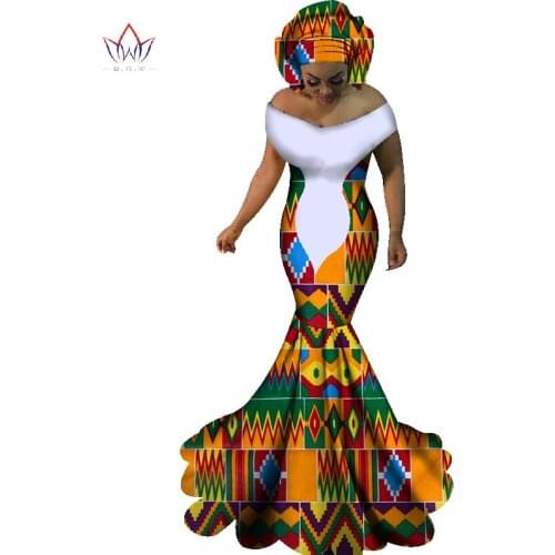 BRW African Dresses for Women Sexy Slash Neck Long Dresses Bazin Riche African Print Mermaid Clothing Plus Size 6XL WY1860