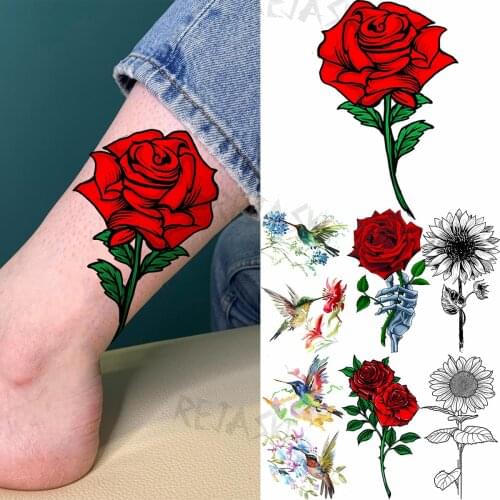 Colored Rose Fashion Feet Temporary Tattoos For Women Adult Hummingbird Sunflower Fake Tattoo Body Art Washable Tatoos Sticker