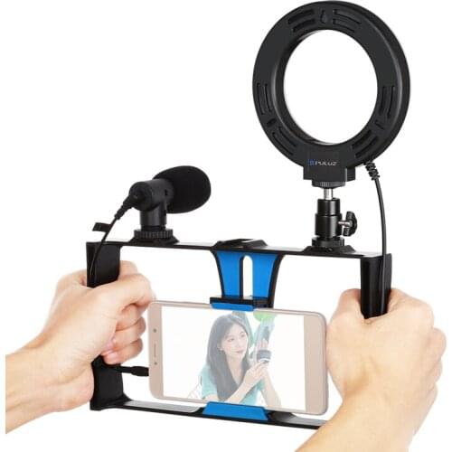 Vlog Camera Cage Microphone Live Broadcast Smartphone Video Rig 4.6 inch Ring LED Selfie Light Kits with Cold Shoe Tripod Head