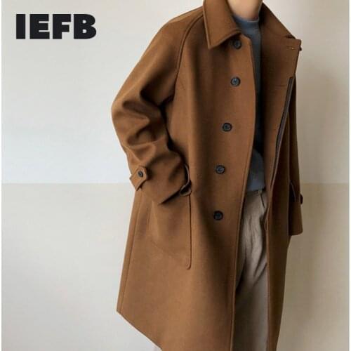 IEFB Mens Double Faced Tweed Mid Long Autumn Winter Thickened Korean Fashion British Windbreaker Teenager Woollen Coat 9Y8435
