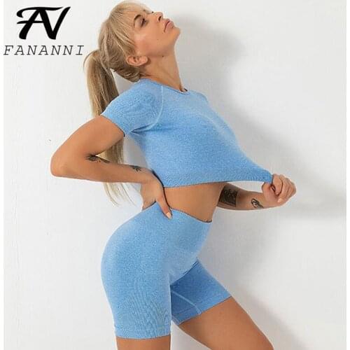 FANANNI 2021 New Solid Color Sports Shorts Short-Sleeved Two-Piece Yoga Suit Suit Running Sports Fitness Suit