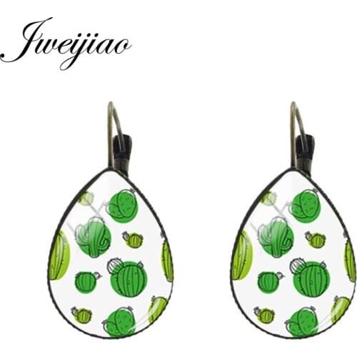 JWEIJIAO Cactus Rose Flower Needles Leaf Picture Earrings Teardrop Glass Botany Clip Earrings Fashion Women Girl Jewelry ZY162