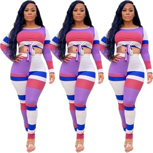Rainbow Stripes Two Piece Set Front Tie Long Sleeve Crop Top High Waist Pencil Pants 2020 Women Clothing Outfit Casual Tracksuit