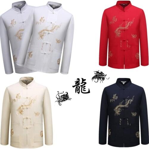 5Colors Dragon Male Clothes Tangsuit Traditional Chinese Clothing for Men Wushu Standing Collar Shirt Top Hanfu Dropshopping