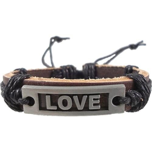 New Casual Handmade Love Letters Charm Wrap Belt Hemp Rope Genuine Leather Women Men Vintage Bracelet Female Wholesale Jewelry