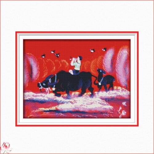 Shepherd Boy Riding A Bull And Playing A Flute Cross Stitch Kit 14ct 11ct Printed Fabric Embroidery Kit DIY Handmade Needlework