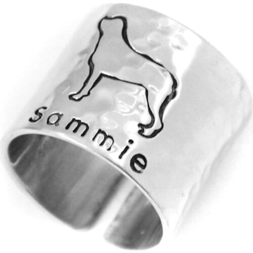 Personalized Hammered Rottweiler Ring, Engraved Hand Stamped Cute Dog Wide Band Ring Custom Rottweiler Ring