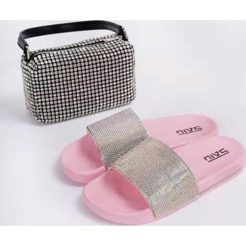 2021 Women Symphony Rhinestone Slippers Handbag Set Flat Slippers Ladies Outdoor Sequin Candy Color Slides Ladies Beach Sandals