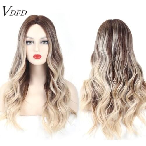 VDFD Brown Root Ombre Blonde Highlight Wig Synthetic Fashion Long Wavy Natural Hair for Women Daily