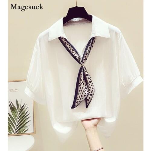 Women Summer Short Sleeve Women Blouse Tops Korean Style Loose White Shirt Casual Leopard-Print Lapel Solid Woman Shirts 13750