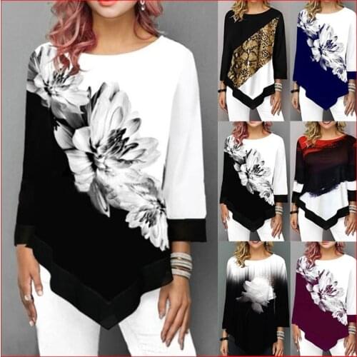 Floral Leopard Print Patchwork Women Clothes Casual Irregular O Neck 3/4 Sleeve Spring Autumn Tunic T Shirt Loose Pullovers Tops