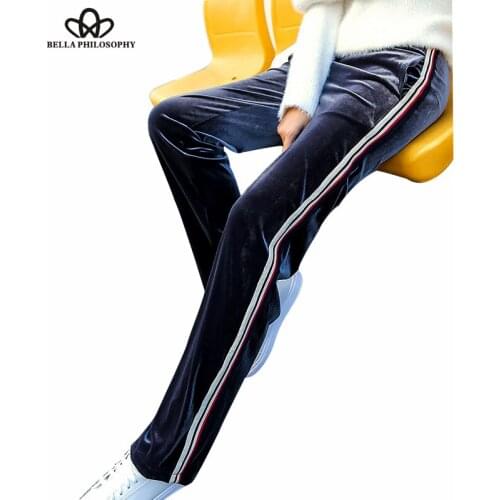 Bella Philosophy Autumn Winter Velvet Pants Women Casual Elastic Pockets Pants Female Loose Stripe Pants For Ladies Bottom
