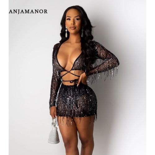 ANJAMANOR Sexy Fall 2 Piece Sets Womens Night Club Outfits Sequins Tassel Beaded Sheer Mesh Black Two Piece Skirt Set D57-AG29