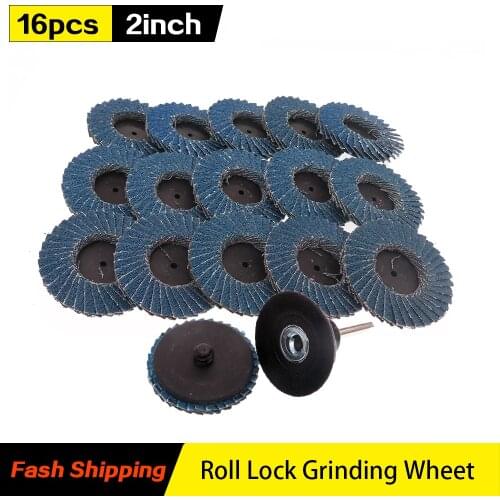 16pcs/Set 2“ Flat Flap Discs Roll Lock Grinding Sanding Wheels Quick Change High Density Zirconia Alumina with 1/4 inch Holder