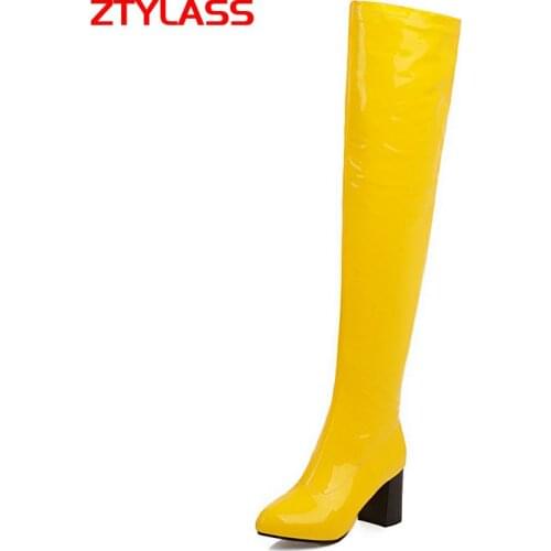 2021 Autumn Fashion Over the Knee Boots Pu Leather Square High Heel Knee High Boots Candy Colors Zipper Winter Boots