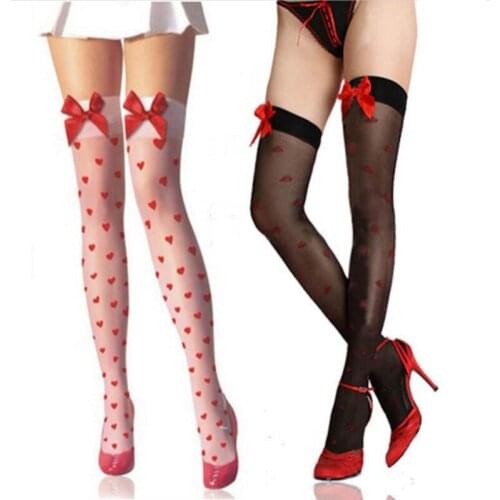 White Sexy Stockings Red Heart On Leg Fashion Thigh High Stockings with Top Red Satin Bow Women Stockings for Cosplay