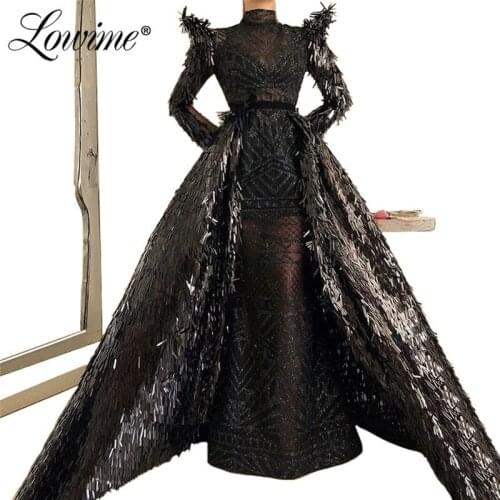Black Muslim Evening Dresses 2019 Mermaid Long Sleeves Islamic Dubai Kaftan With Detachable Skirt Prom Dresses Party Gowns New