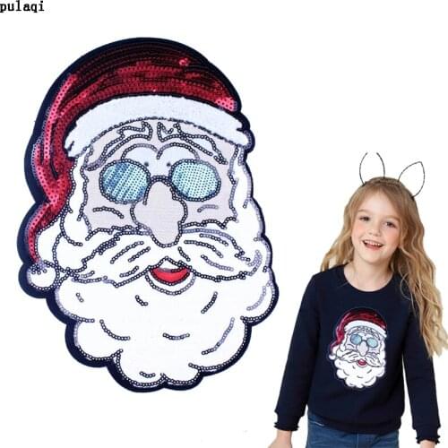 DIY Pulaqi Big Santa Claus Patches Reflective Clothing Stickers Thermocollant Patch Clothing Sequin Patches For Clothes Applique