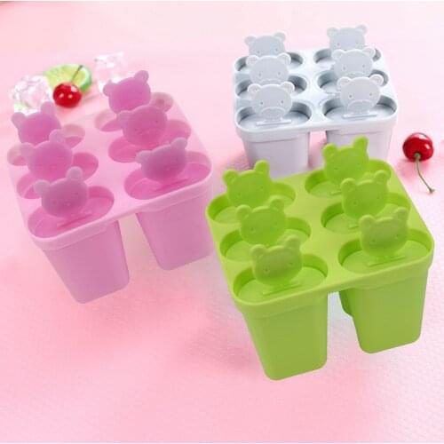 Bear Ice Mold With Handles 6 Cell 3 color Popsicle Maker Ice Cubes Trays Ice Cream Tool Frozen Mould