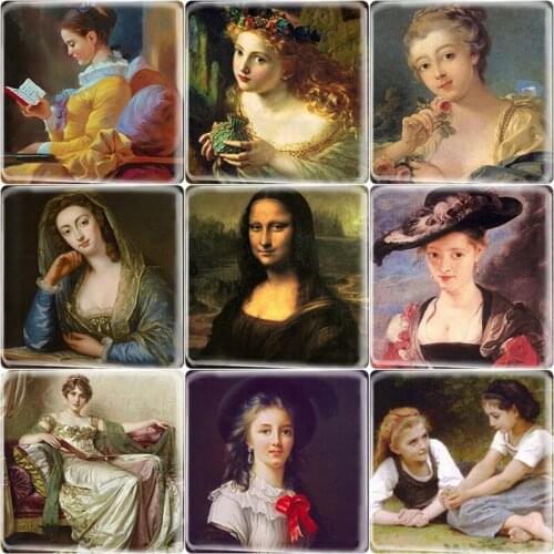 JWEIJIAO Dropshipping 5pcs Classic French English Woman Art Paiting Square Shape Glass Cabochon 12mm DIY Jewelry Accessories