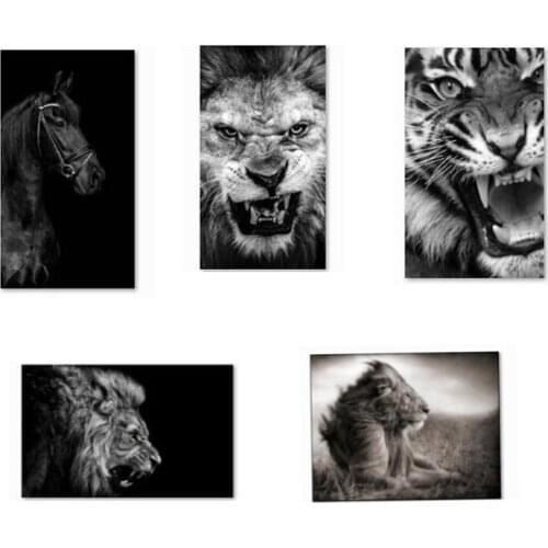 Black and White Horse Lion Tiger Canvas Art Painting Posters and Prints Scandinavian Cuadros Wall Art Picture for Living Room