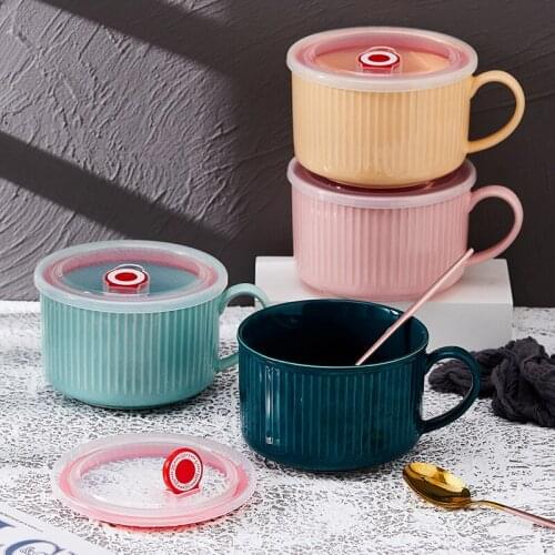 Ceramic Single Ear Fresh-Keeping Noodle Bowl Nordic Simple Instant Noodle Bowls With Lid