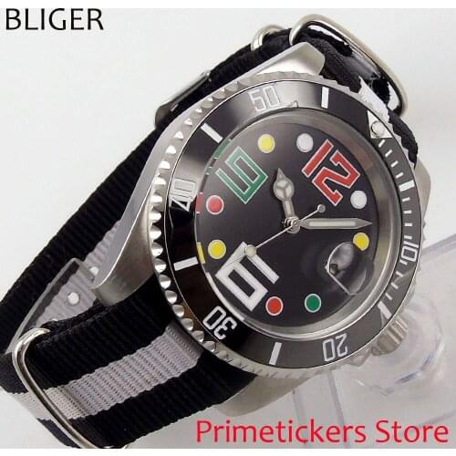 Ceramic bezel 40mm Bliger black dial date nylon strap automatic movement mens watch