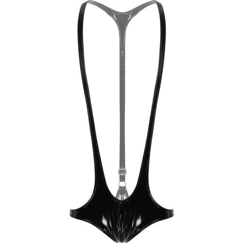 Mens Lingerie Wrestling Singlet Bodysuit Wet Look Patent Leather Open Chest Racer Back Jockstrap Leotard Underwear Jumpsuits